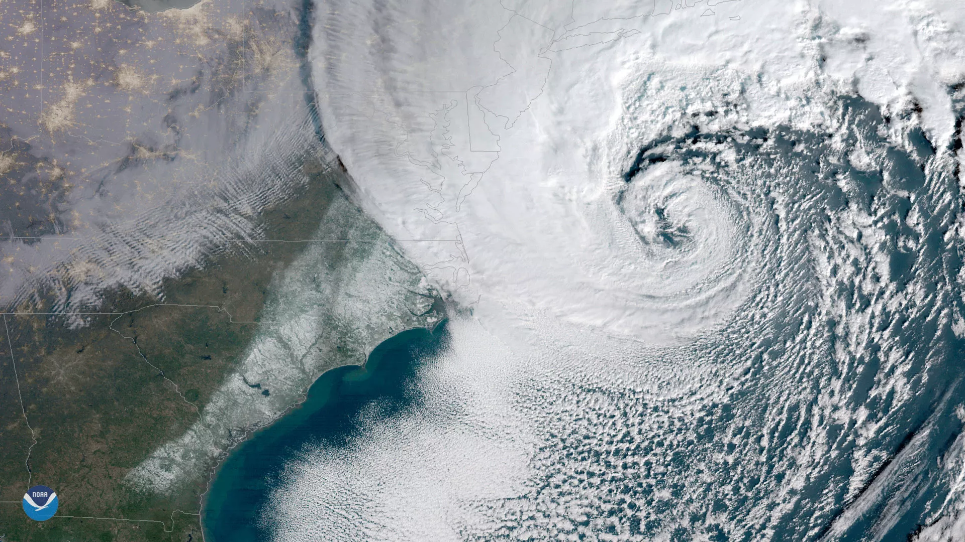 GOES East GeoColor satellite view of the January 4, 2018 nor’easter curling off the snow-covered U.S. East Coast.