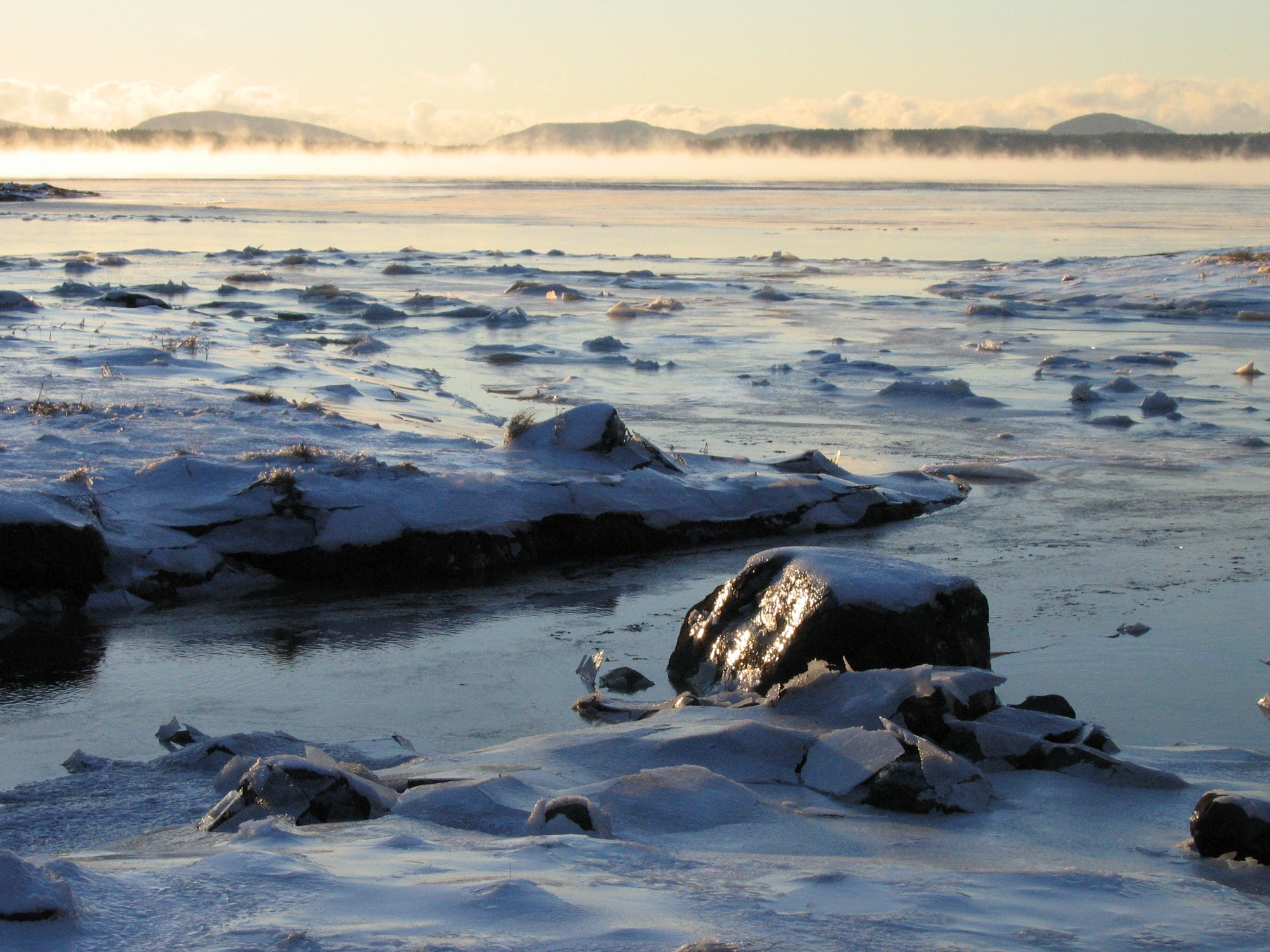 Sea smoke drifting above cold coastal water and snow-covered rocks at Acadia.